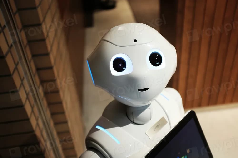 Friendly AI robot at a trading terminal