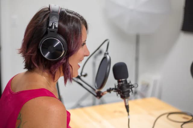 Support agent speaking into a headset microphone