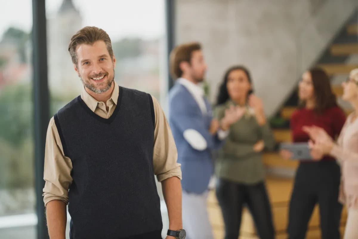 Investors talking in a bright office